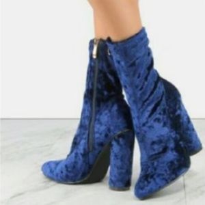 Cape Robbin Dawson Blue Velvet Pointed Toe Mid-Calf Side Zip Block Heel Boots